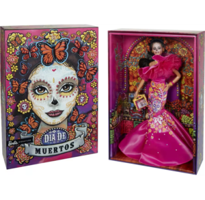 Barbie 2023 Día De Muertos Barbie Doll Wearing Ruffled Pink Gown And Holding Tiny Ofrenda, Barbie Signature HJX14